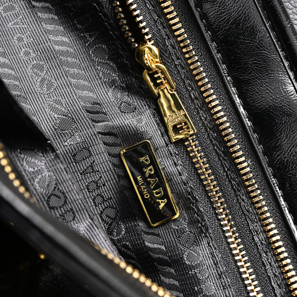 Prada Cleo Black Patent Leather Shoulder Bag with Gold Hardware