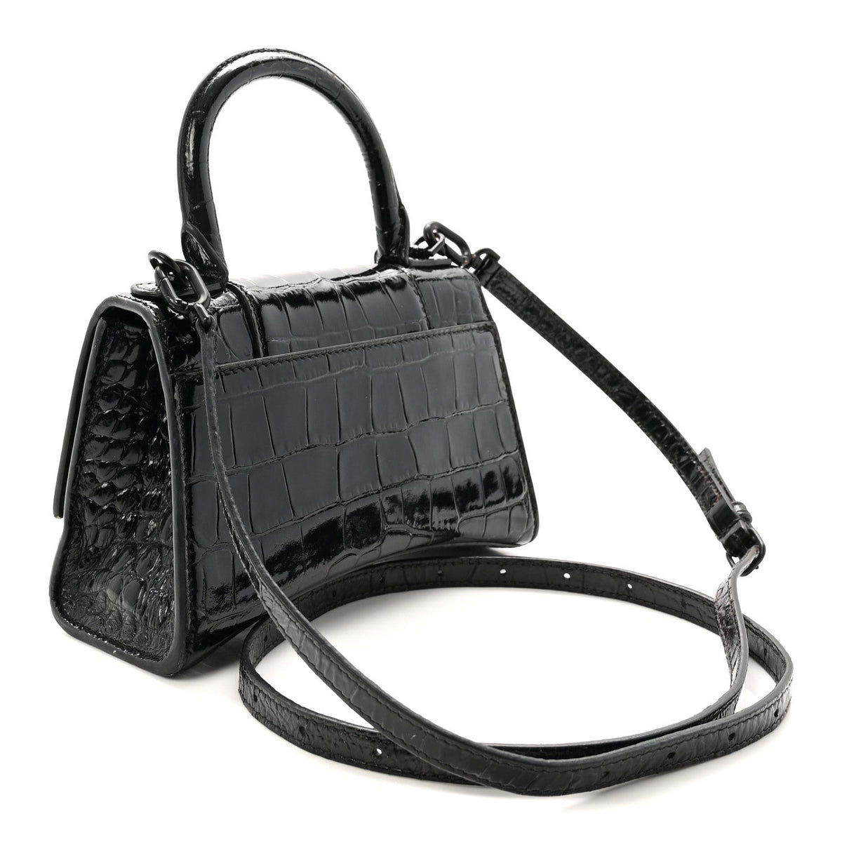Shiny Calfskin Monochrome Crocodile Embossed Hourglass Top Handle Bag XS Black